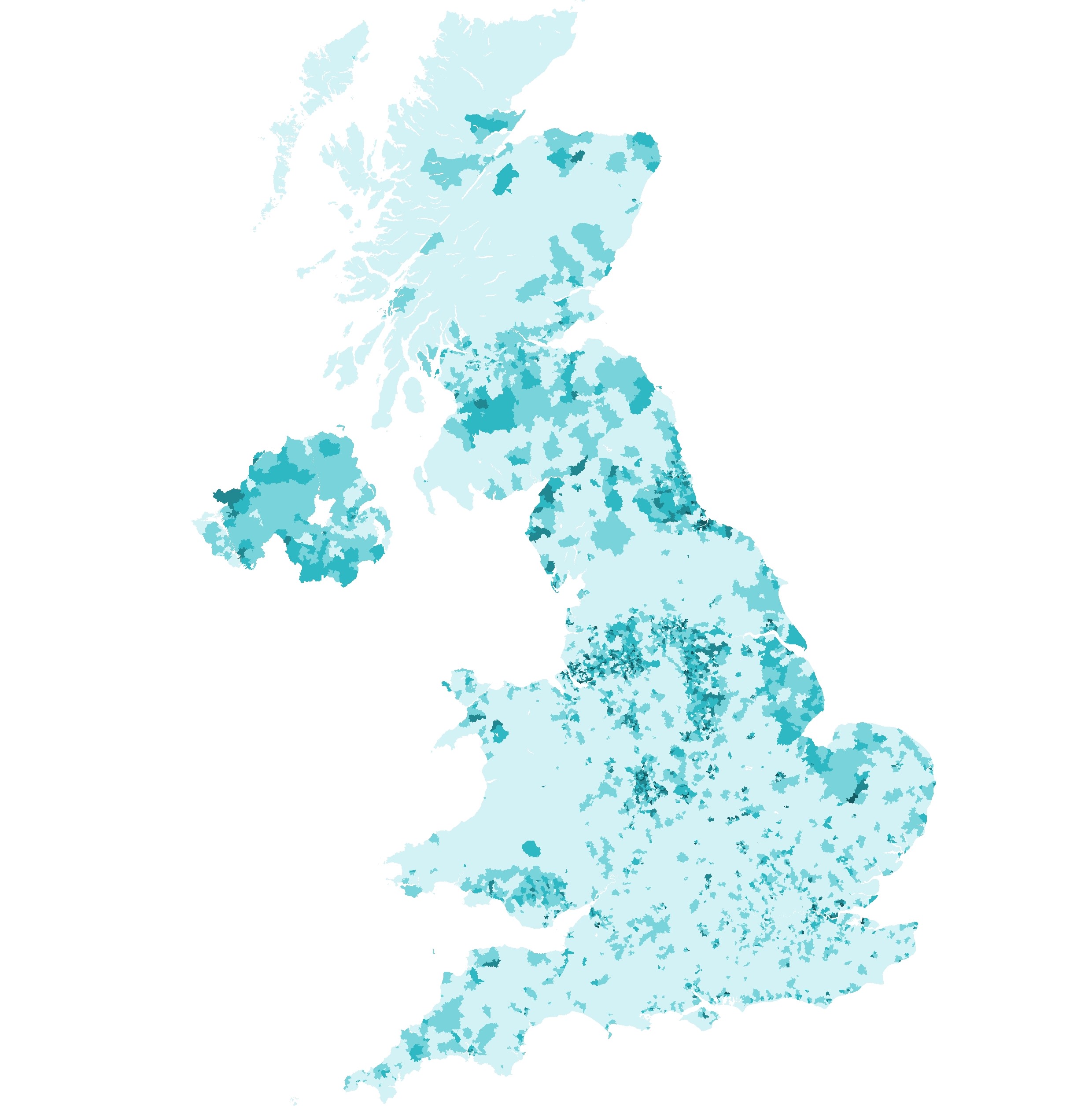 This heatmap of the Uk shows mostly pale colour but lots of small spots of the segment especially in the Midlands and North West, whilst the whole South of England has few patches.