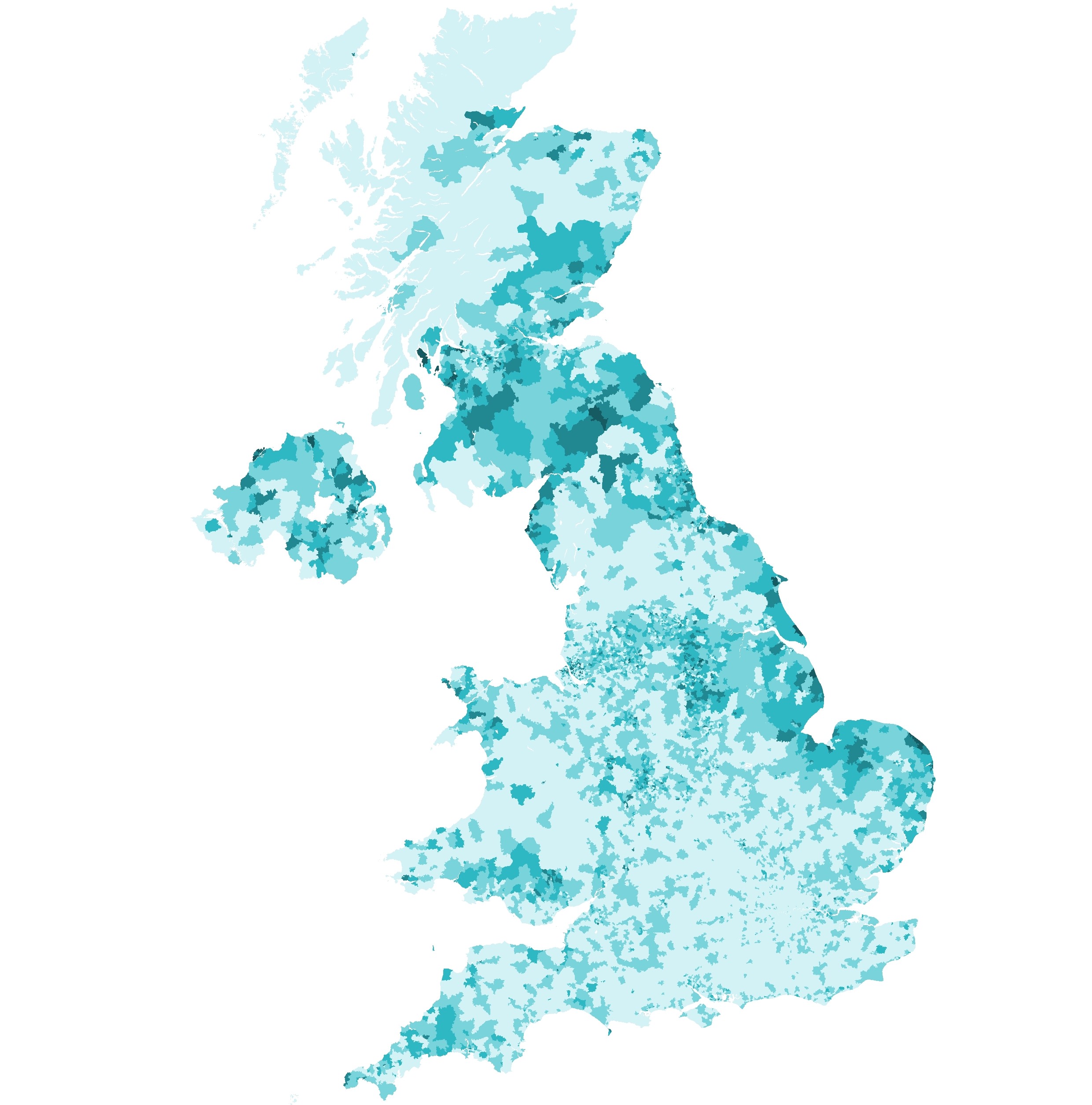 A heatmap shows the distribution of this segment across the UK, showing realtively uniform colour across the UK, with high concentrations in the North of England and Scottish Borders, as well as the east coast of the UK.