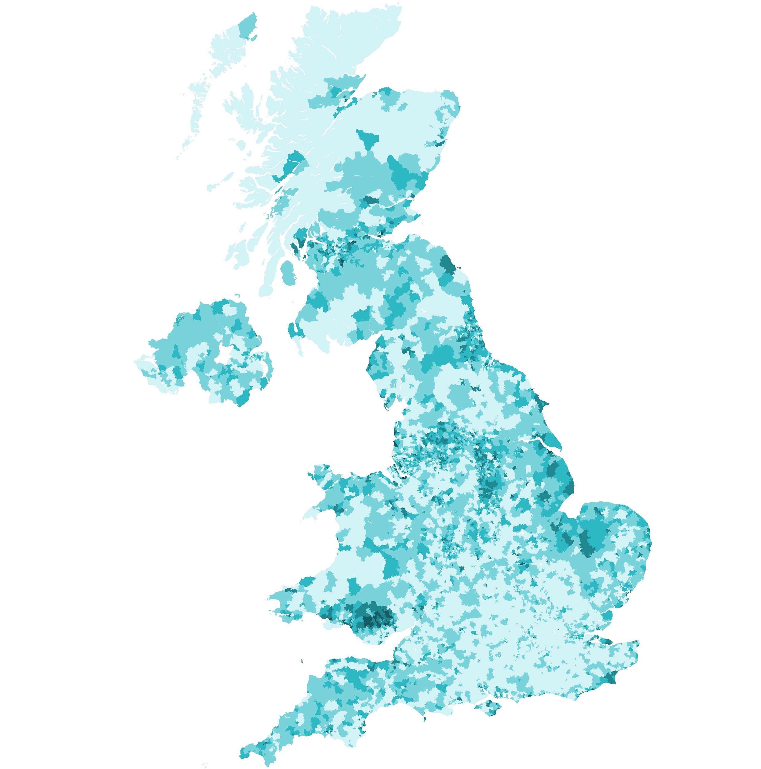 A heatmap of the UK showing uneven distribution of this segment around most of the UK, with darker concentrations around North West towns and south Wales, whilst much lighter in the whole of the South of England