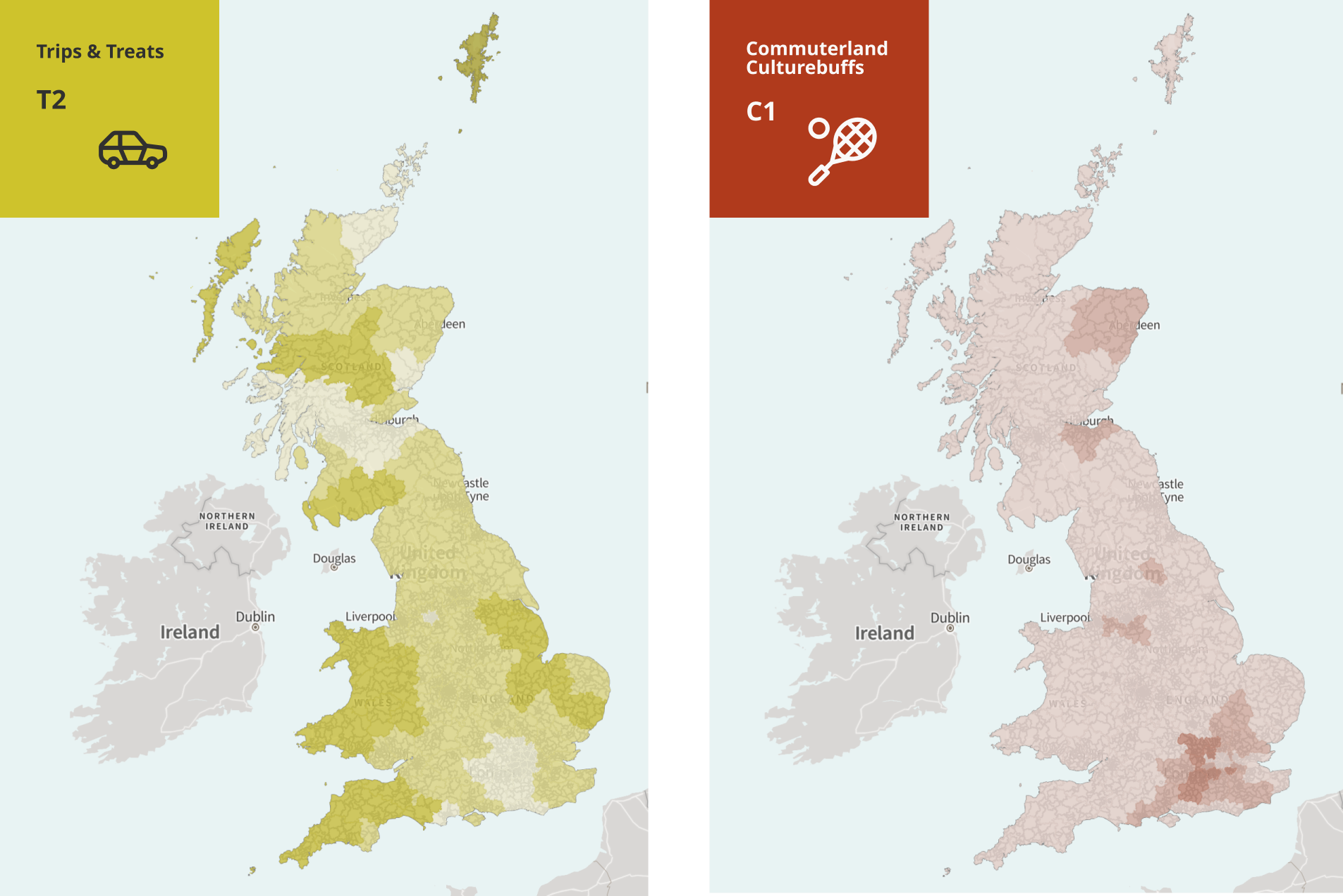 Maps showing distribution of T2 and C1 subsegments across the UK