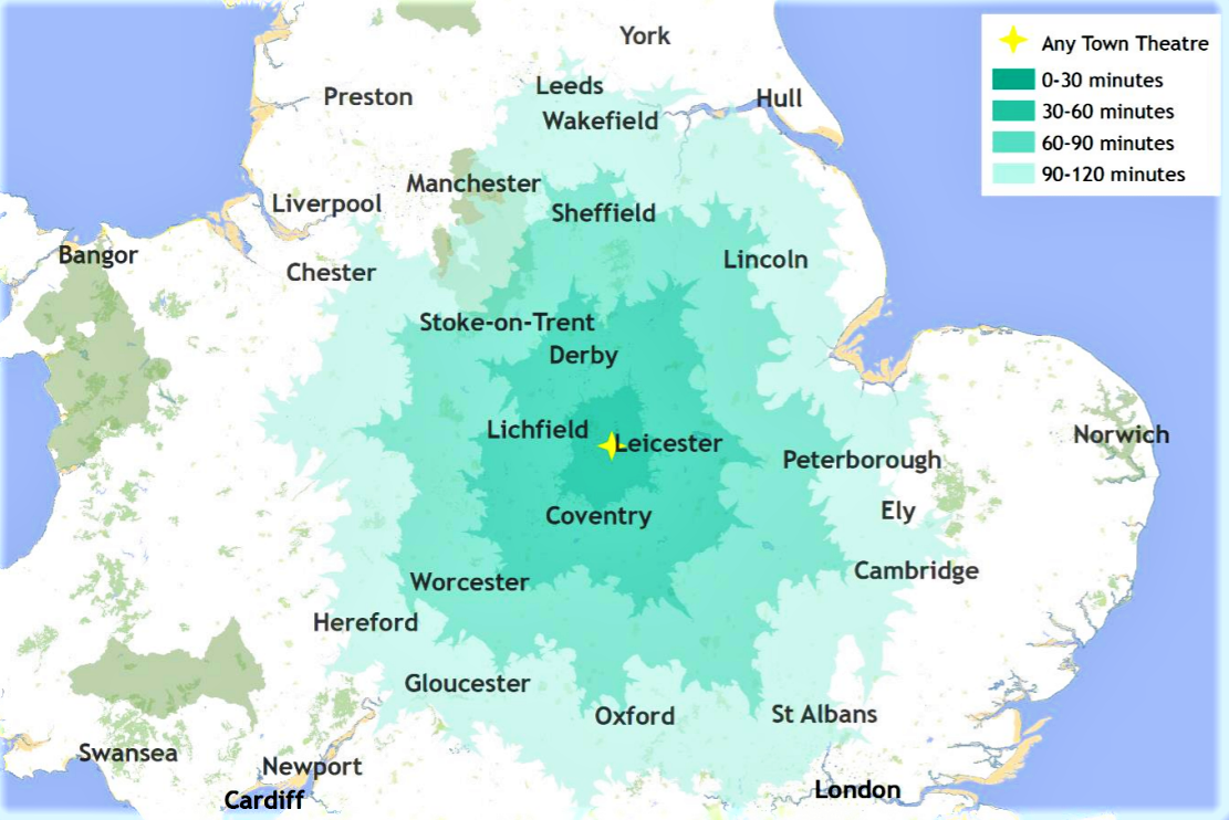 Map showing a gradation of colours as to how far people travel