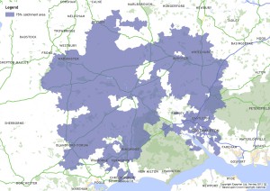 Map with an irregular shaded shape showing a catchment area