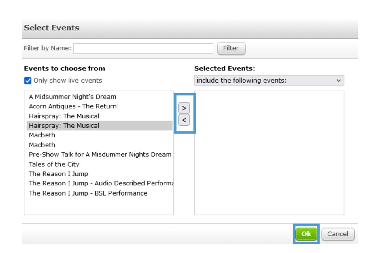 Select Events dialog in Spektrix