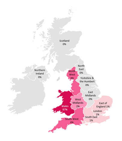 A map of the UK showing where Welsh bookers come from