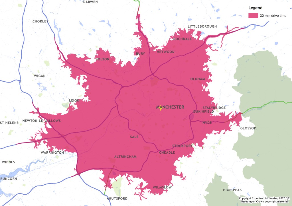 A map showing a shaded irregular area which makes up 30 mins drive time from a venue