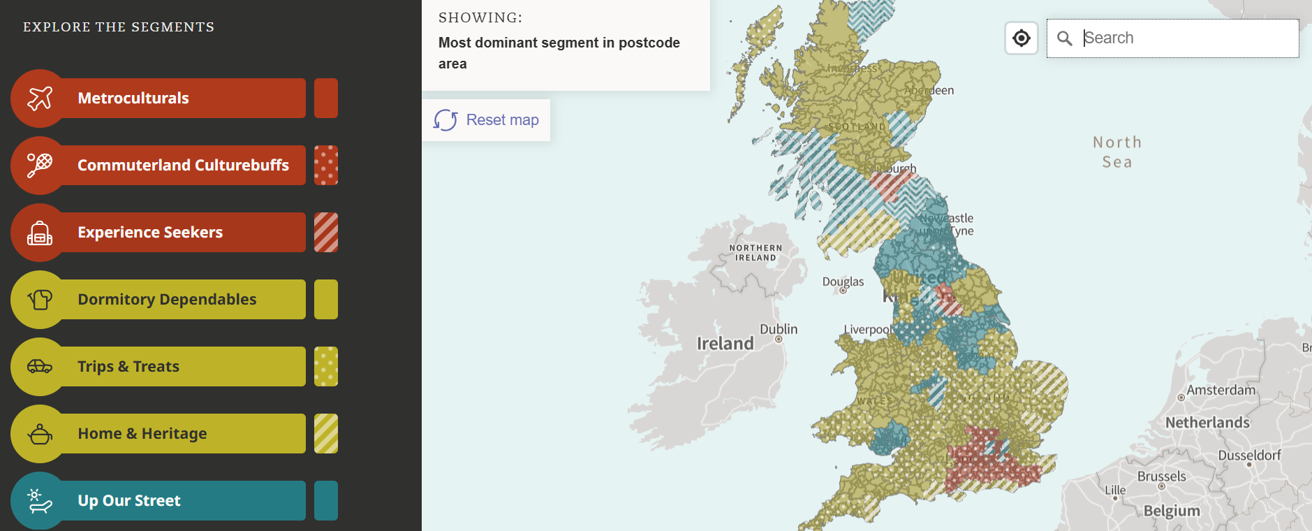 Screenshot of the Audience Spectrum mapping tool, zoomed out to the whole UK